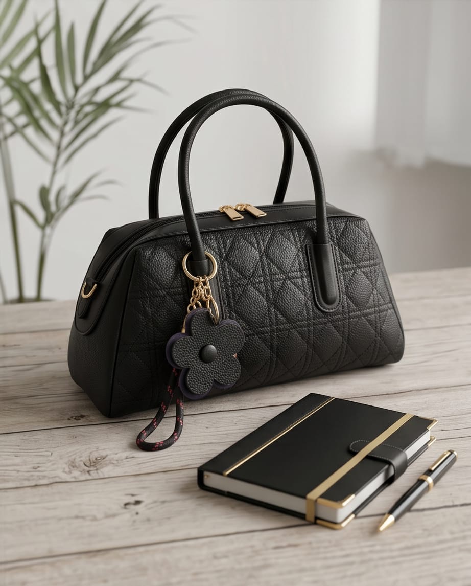 Black Quilted Barrel Bag with Flower Charm