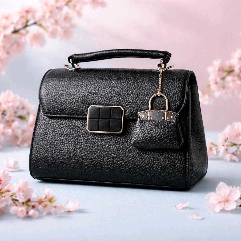 Black Pebbled Leather Satchel with Padlock Charm
