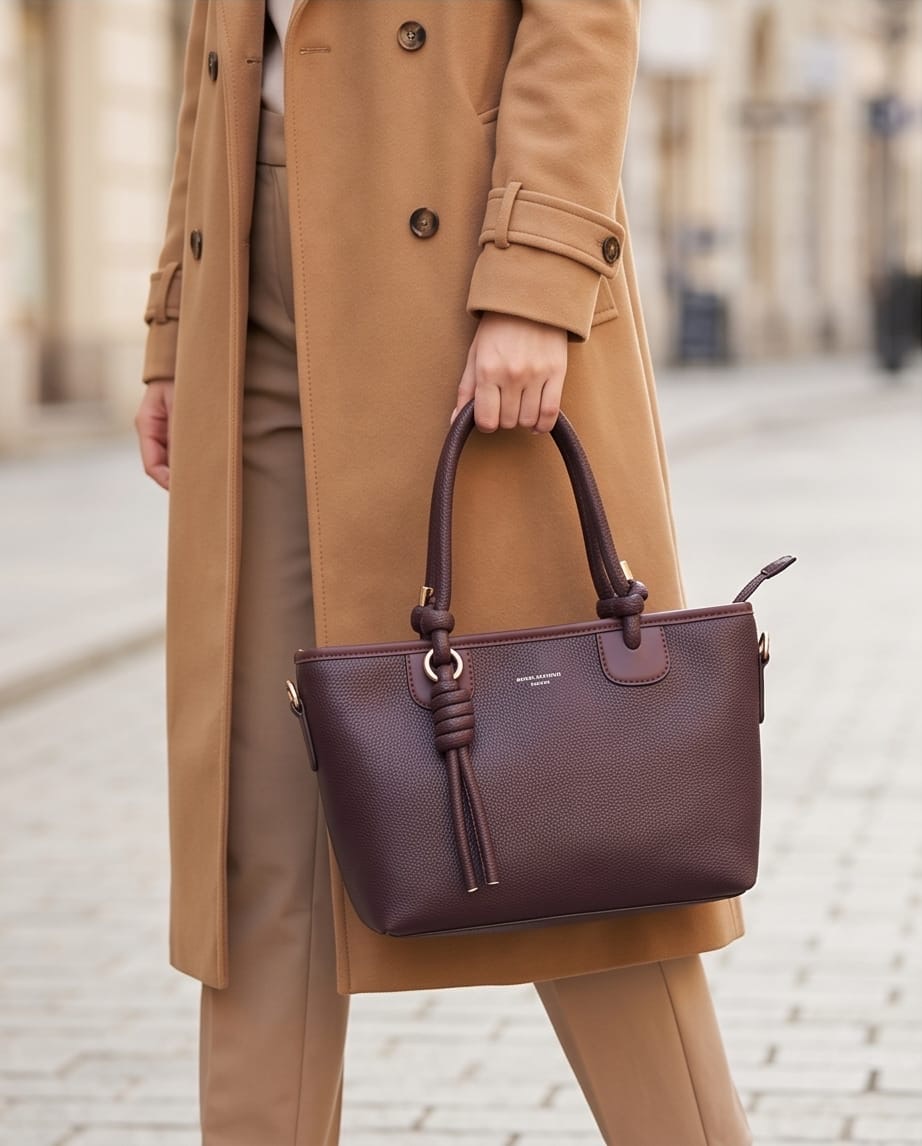 Burgundy Tote Lifestyle - Camel Coat