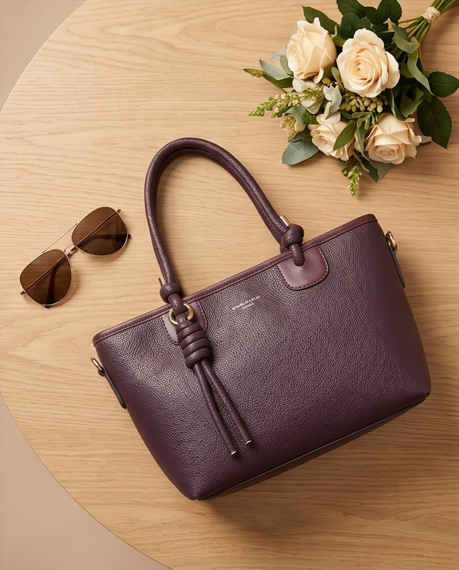 Burgundy Pebbled Tote with Roses & Sunglasses