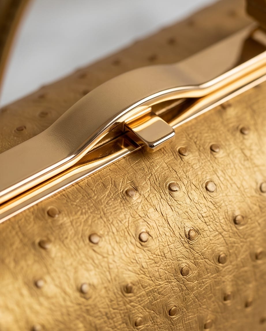 Gold Ostrich-Embossed Frame Bag Close-Up