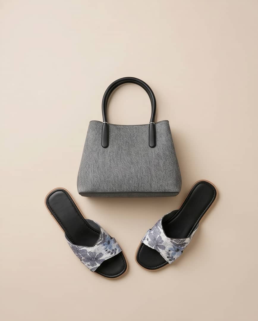 Grey Tote with Blue Floral Slides