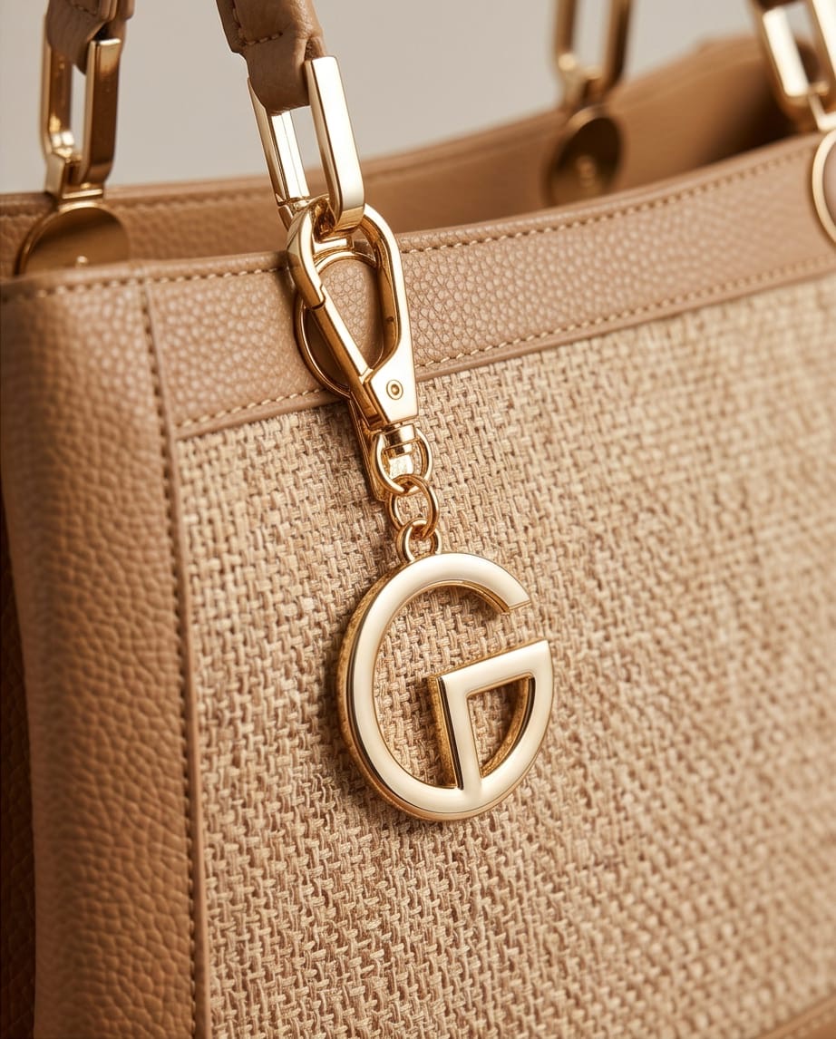 Tan Guess Woven Canvas Tote with G-Charm