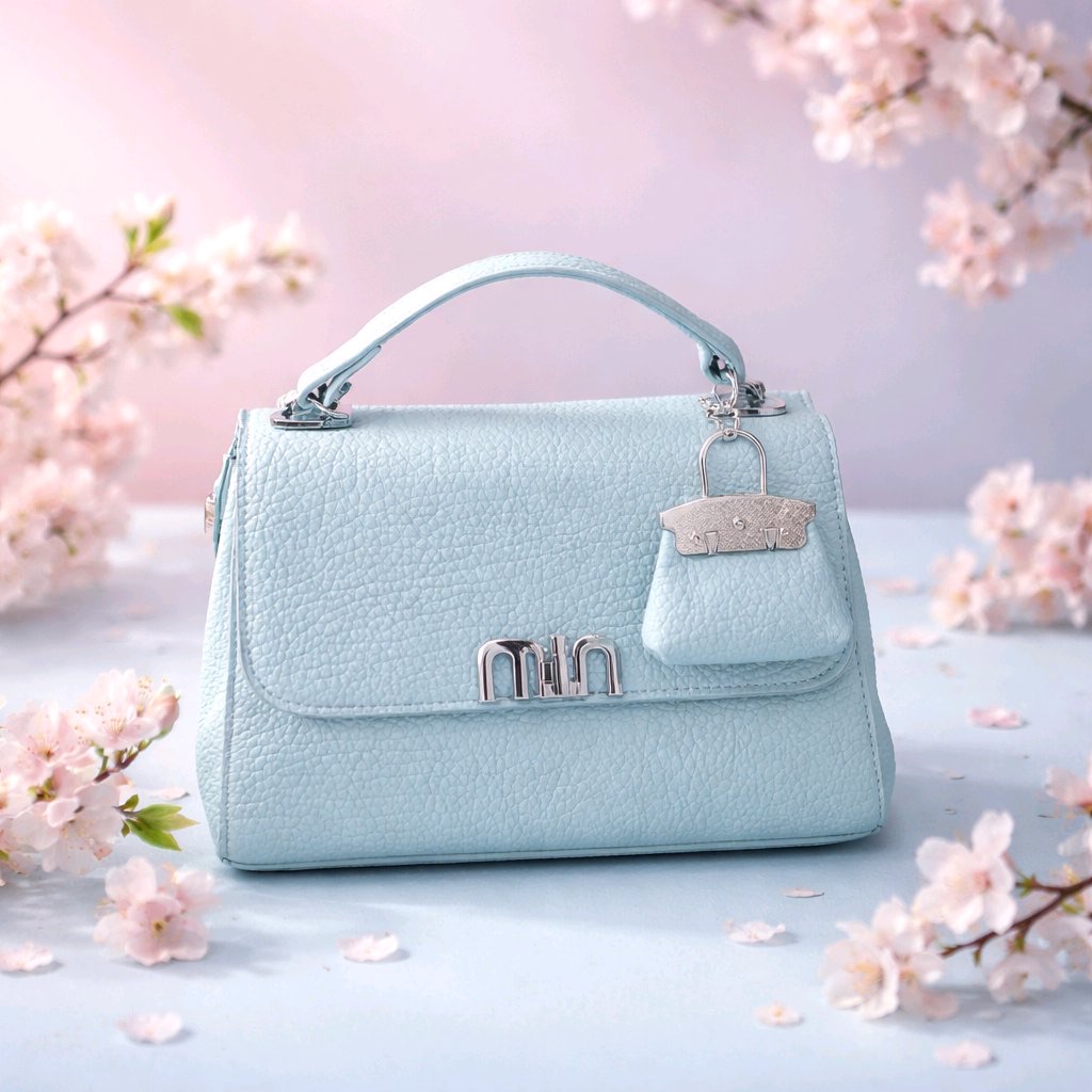 Light Blue Pebbled Leather Satchel with Padlock Charm