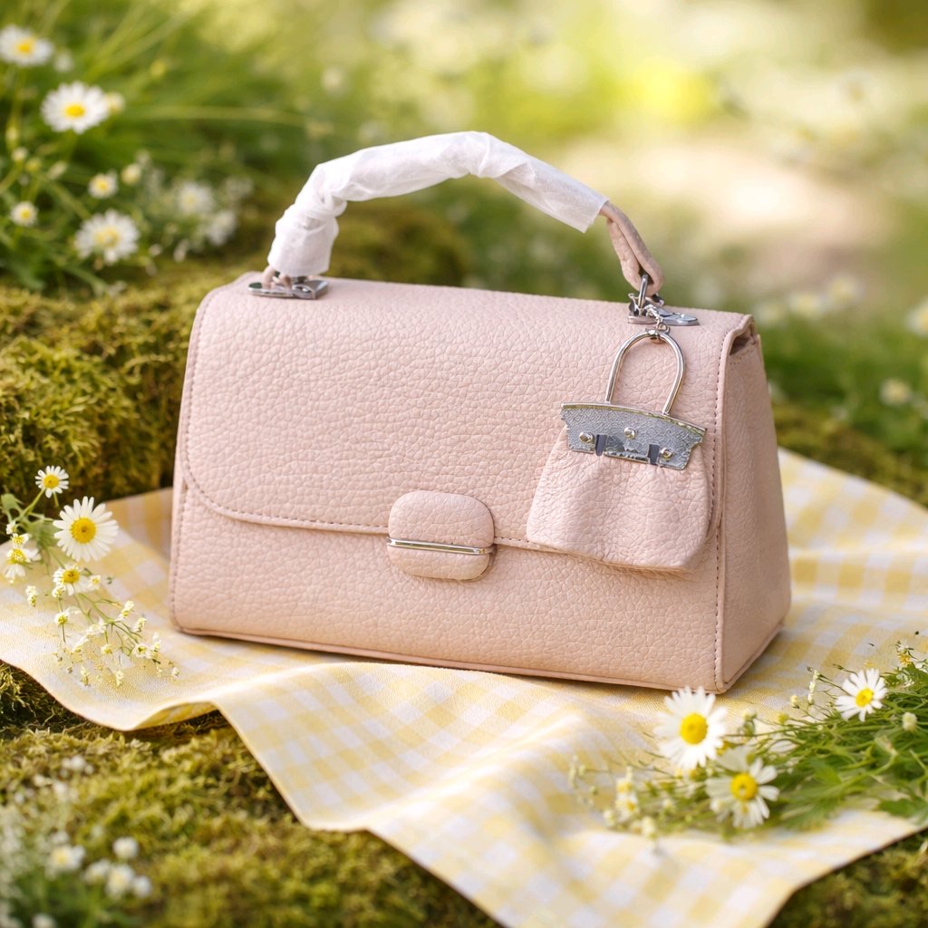 Pink Pebbled Leather Satchel with Daisies