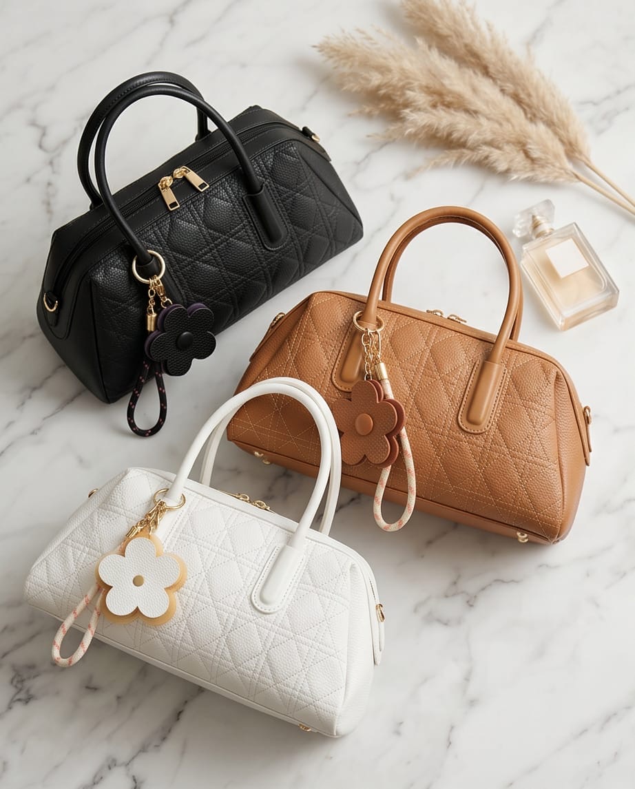 Quilted Barrel Bag Trio with Flower Charms