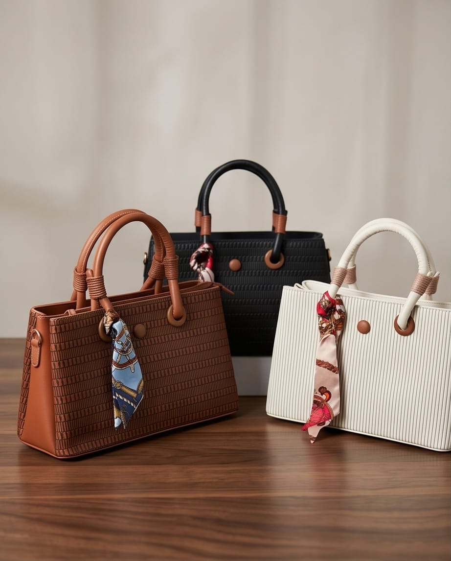 Ribbed Structured Handbag Trio with Silk Scarves