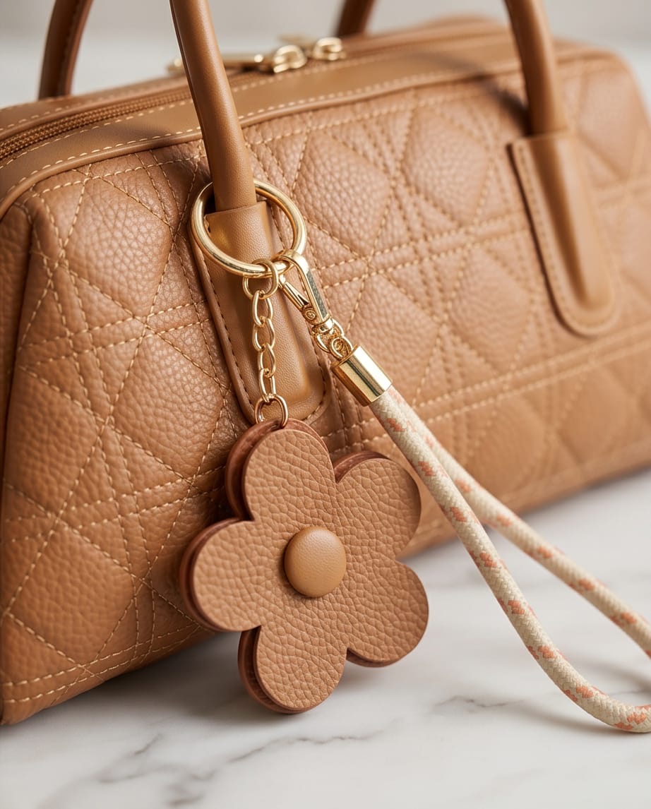 Tan Quilted Barrel Bag with Flower Charm