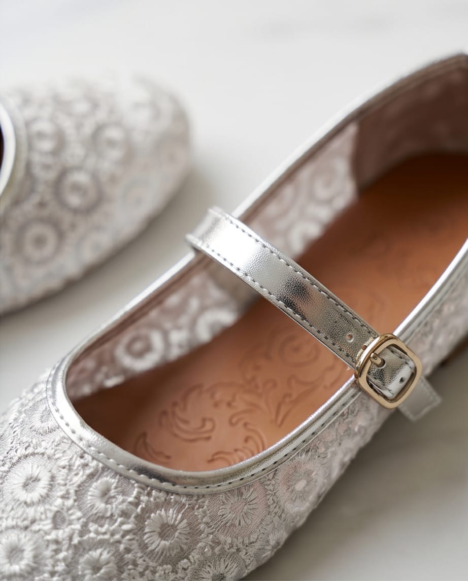 Floral Lace Mary Jane Flats - Silver