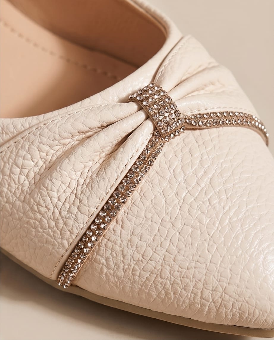 Cream Crystal Bow Leather Flats Close-Up