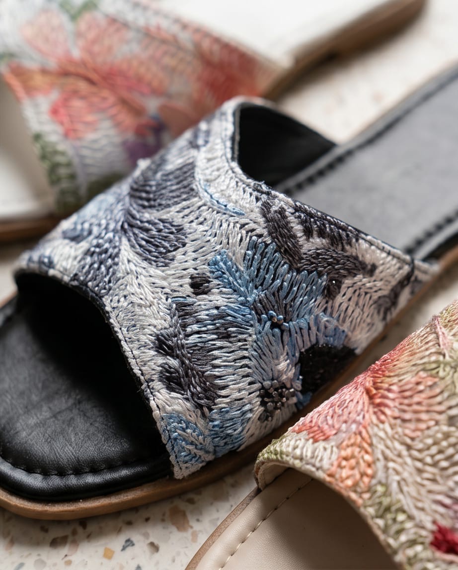 Blue Floral Embroidered Flat Slide