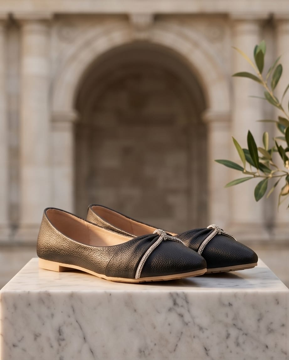 Gold & Black Crystal Bow Pointed-Toe Flats