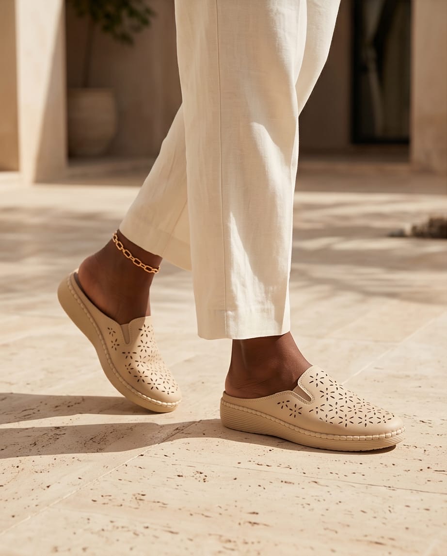 Beige Perforated Mules - Lifestyle Wear