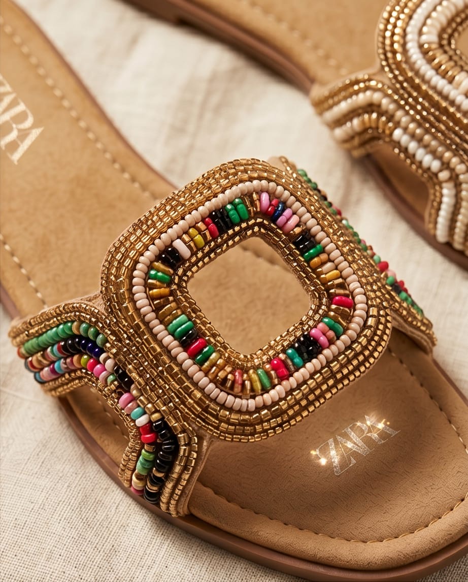 Zara Multi-Color Beaded Cross-Strap Slide
